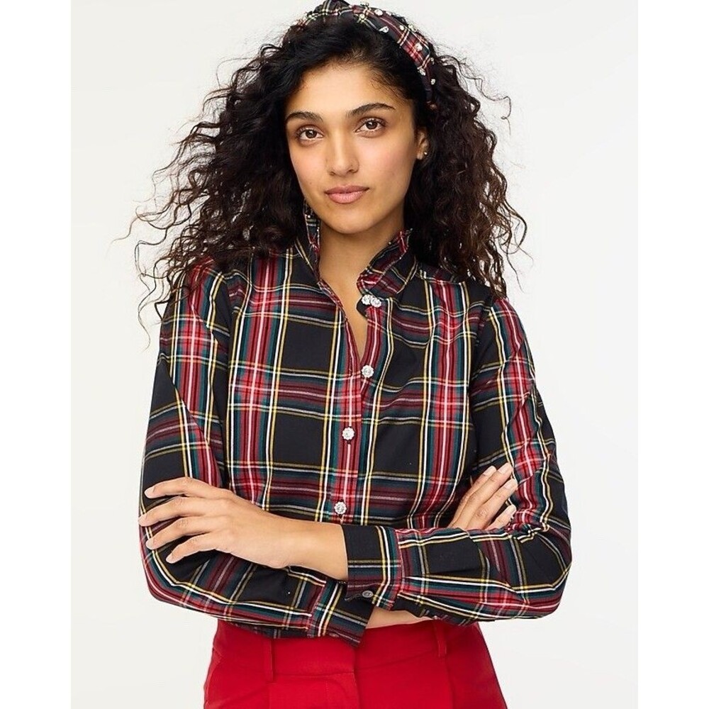 J. Crew Petite Stewart Tartan Plaid Jeweled Shirt Ruffled Sz PL Black Red Preppy